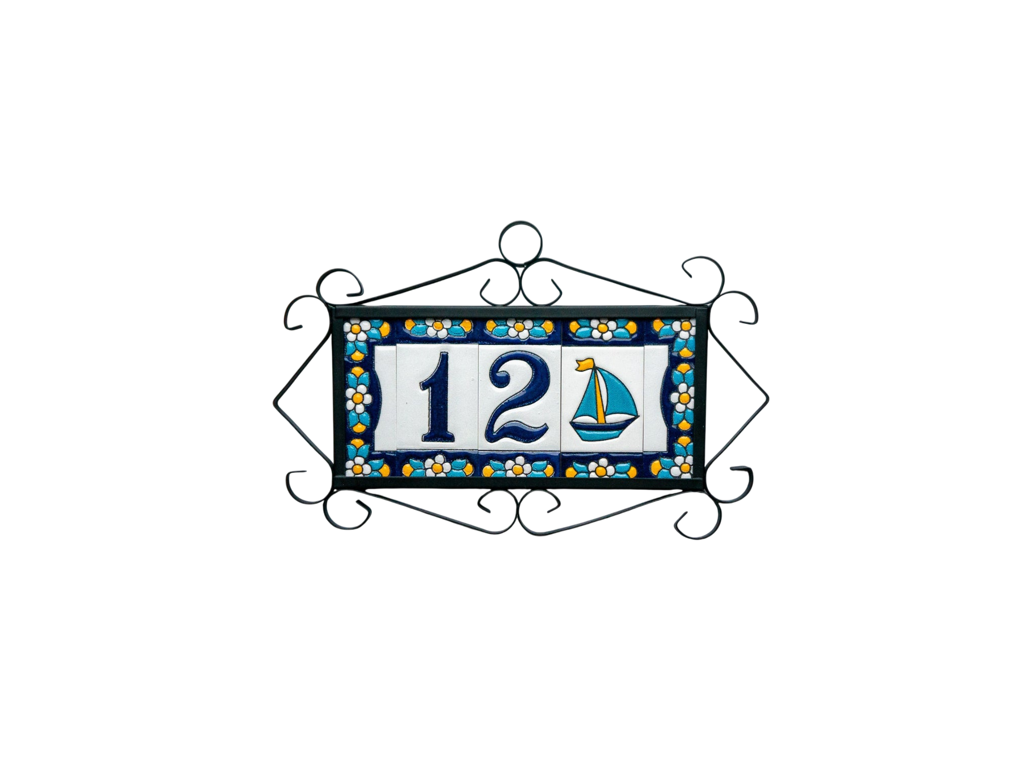 Mini numéro de porte en céramique à motif floral bleu | Cadre inclus – 3,5 cm x 7 cm (1,38 po x 2,76 po) 