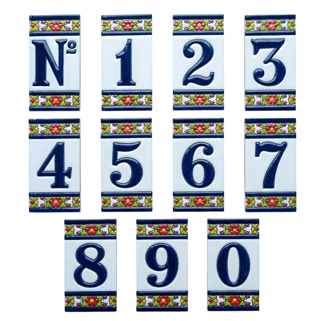 Large Floral Ceramic House Number Tile Plaque & Frame – 5.5cm x 11cm (2.17" x 4.33")