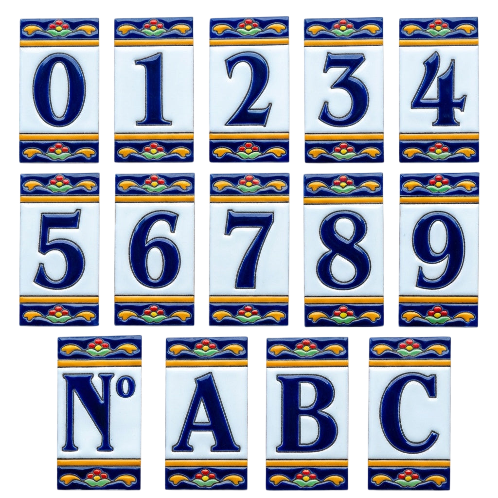 Marbella Ceramic House Number Tile Plaque & Frame – 5.5cm x 11cm (2.17" x 4.33")