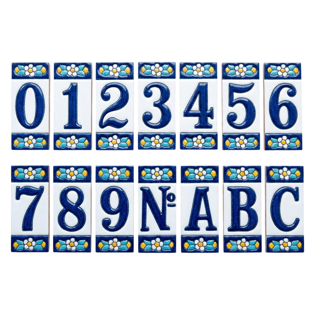 Mini Blue Floral Ceramic House Number Tile Plaque & Frame – 3.5cm x 7cm (1.38" x 2.76")